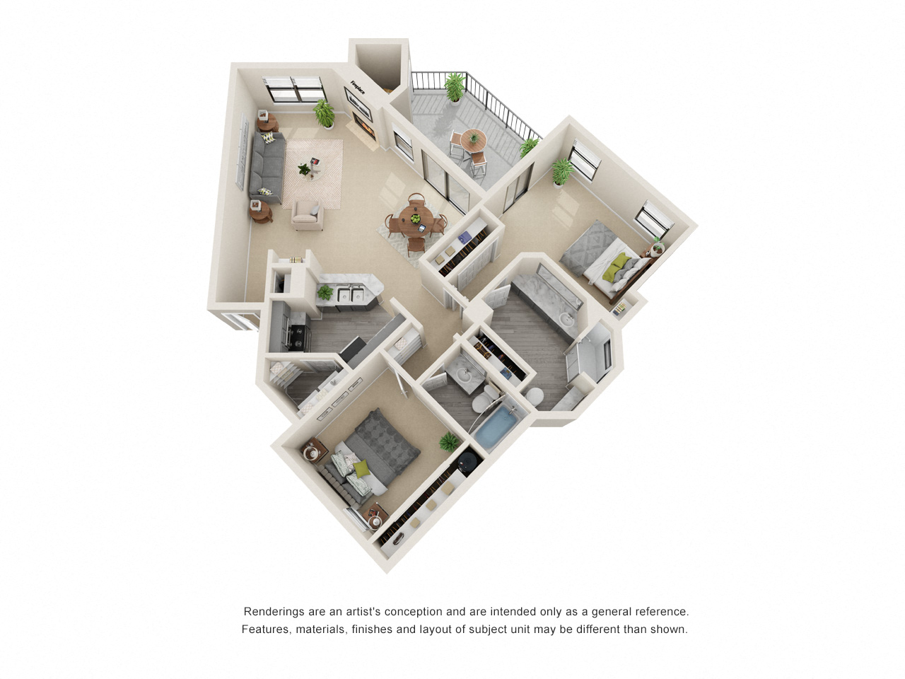 Floor plan for 2 beds, 2 baths, 1081 sqft